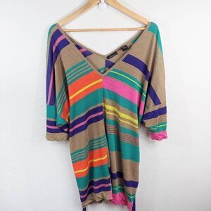 Moda International Womens Tunic Top Multicolor Stripe V Neck Belted 3/4 Sleeve L